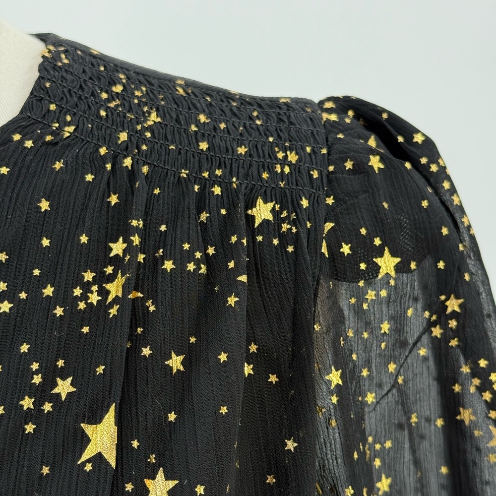 AQUA Star Print Smocked Black & Gold Star Print Smocked Mini Dress Long Sleeve - Picture 15 of 17